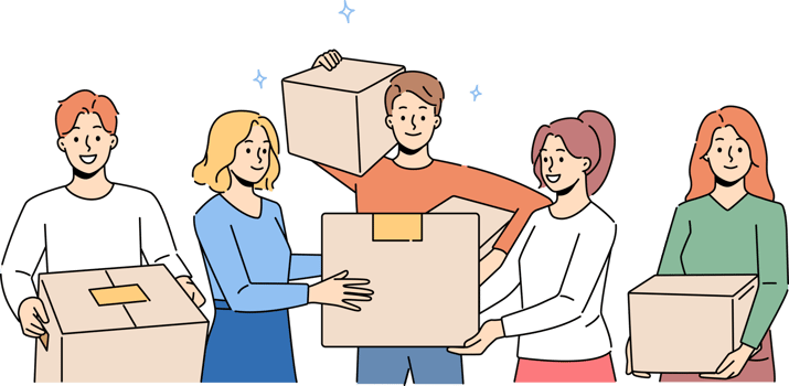 Smiling people with boxes moving together png