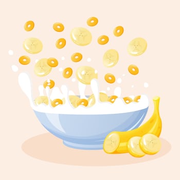 Bowl with milk, banana and corn rings. Milk splashes. Healthy breakfast. vector