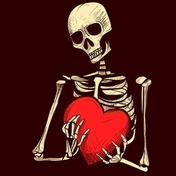 Digital art of a grunge skeleton holding a heart on his hands. Conceptual vector about love of a skeleton with bones.