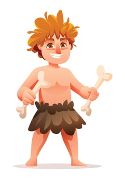 Primitive boy character. Prehistoric stone age cave boy cartoon illustration vector