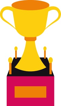 Yellow winner trophy cup on pink podium. vector