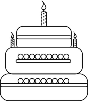 Burning candles decorated cake in line art illustration. vector
