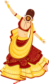 Back view of Indian woman wearing traditional dress in dancing pose. vector