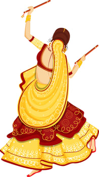 Back view of Indian woman dancing with dandiya stick. vector