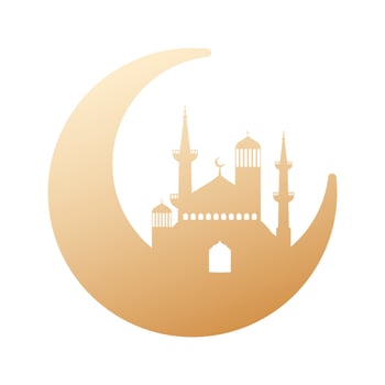 Silhouette of crescent moon with mosque on white background. vector