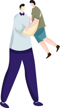 Faceless standing man or father loves his boy in lap. vector