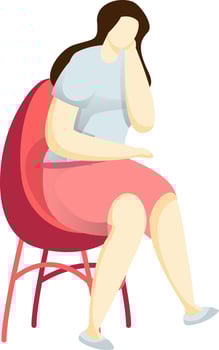 Faceless woman character sitting on chair in sad and thinking pose. vector