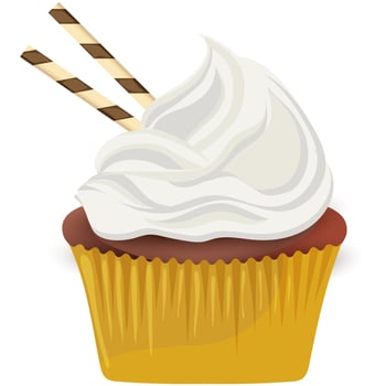 Yellow cup cake decorated by white cream with chocolate roll sticks. vector