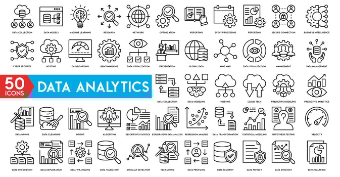 Data analytics icon set. Big data analysis technology symbol. Containing database, statistics, analytics, server, monitoring, computing and network icons vector