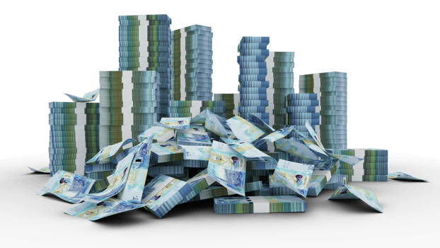 Big stacks of 20 Kuwaiti dinar notes. A lot of money isolated on transparent background. 3d rendering of bundles of cash png