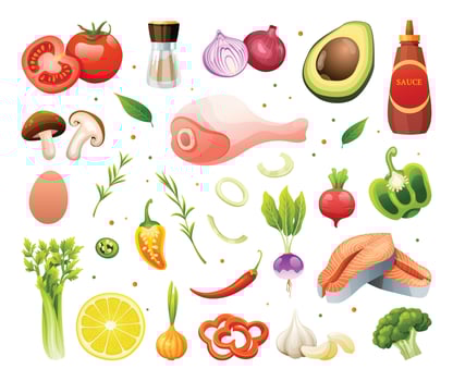 Fresh meats, vegetables and herbs illustration set. Healthy food ingredients vector cartoon