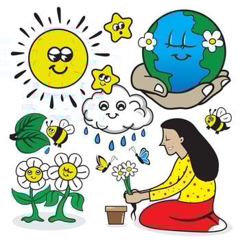 Cartoon Girl with Earth, Flowers, Sun, Clouds and Bees vector