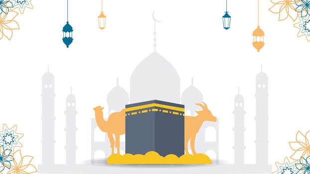 Eid Al Adha Islamic Template the celebration of Muslim flat illustration Style. With Kaaba, lantern, mosque, camel, goat illustration vector