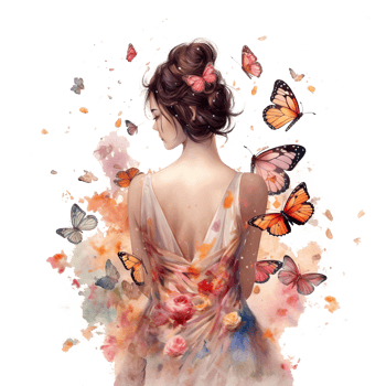 beautiful looking Girl and Butterflies in style of watercolor illustration, carnation flowers arrangement decoration, plenty of butterflies, isolated on Transparent background, generate ai png