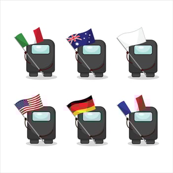 Among us black cartoon character bring the flags of various countries vector