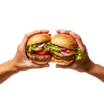 Hands hold burgers isolated on transparent background. png