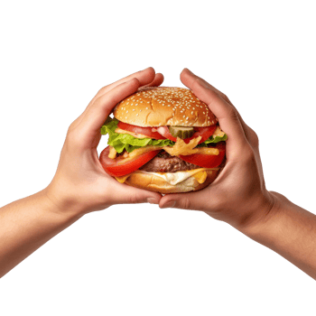Hands hold a burger isolated on transparent background. png