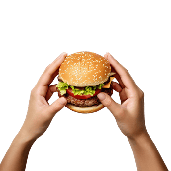 Hands hold a burger isolated on transparent background. png