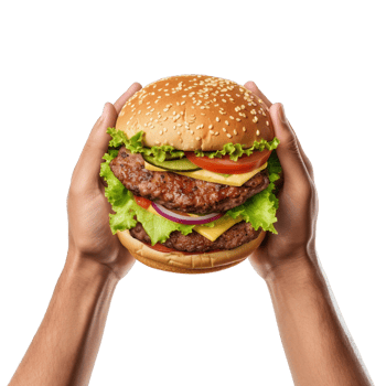 Hands hold a burger isolated on transparent background. png