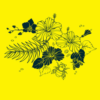 Botanical pattern with tropical flowers and bumblebees. Hibiscus, orchid. Vector. vector