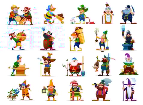 Cartoon gnome or dwarf characters with beards vector