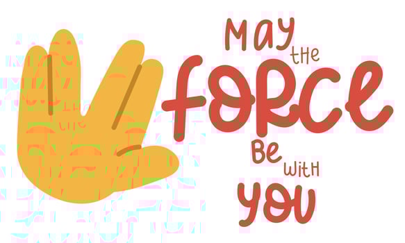 A banner with an illustration of a large cartoon hand, which depicts a space greeting sign. The index, middle and ring fingers connected with the middle greeting sign. Space adventures. Inspiring vector