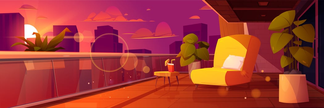 Cartoon apartment balcony with city sunset view vector