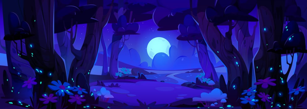 Night forest vector landscape scene with firefly