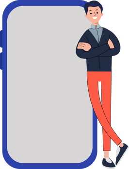 young man standing in front big phone template png