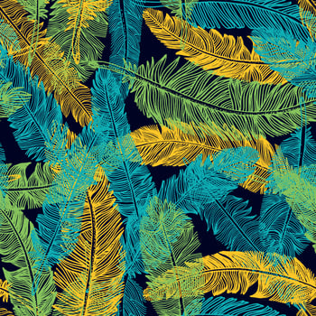 Hand drawn seamless pattern of feathers. Color of brazil flag. vector
