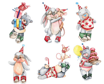 Bear and rabbit in birthday cap. png