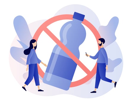 No plastic sign. Tiny people against plastic garbage. Reduce pollution. Environmental concept. Modern flat cartoon style. Vector illustration on white background