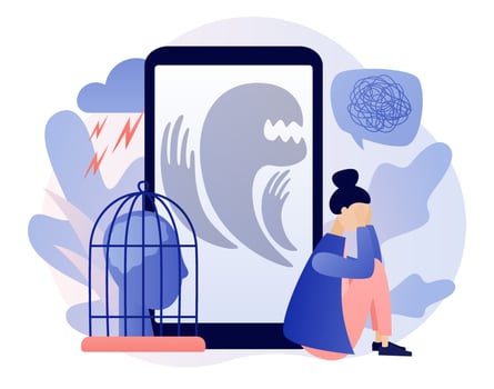 Fear attack concept. Phobias, anxiety, panic attack. Psychology, solitude, fear or mental health problems, depression. Modern flat cartoon style. Vector illustration on white background