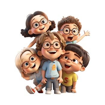 3D cartoon group of little children on transparent background. png