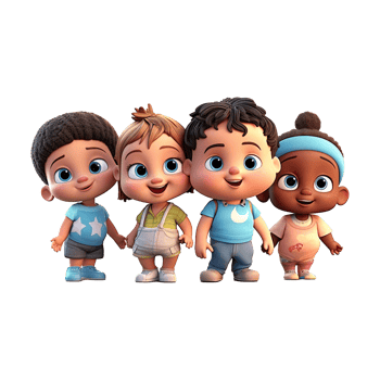 3D cartoon group of little children on transparent background. png