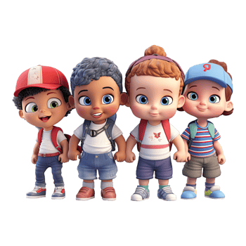 3D cartoon group of little children on transparent background. png