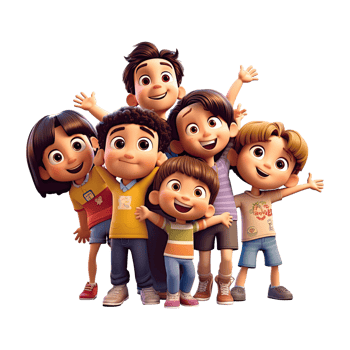 3D cartoon group of little children on transparent background. png