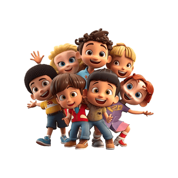 3D cartoon group of little children on transparent background. png