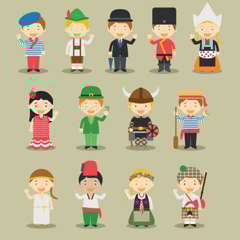 Kids and nationalities of the world vector illustration. Europe Set 1. Set of 13 characters dressed in different national costumes.