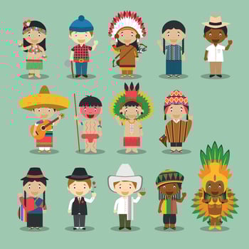 Kids and nationalities of the world vector illustration. America Set 4. Set of 14 characters dressed in different national costumes.