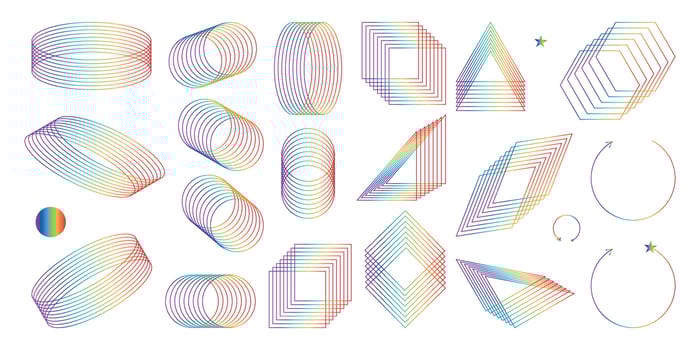 The collection of abstract shapes is a trendy mixture of modern diverse design elements and geometric shapes. A set of cyberpunk retro-futurism, vaporwave. Design elements for the web, advertising vector