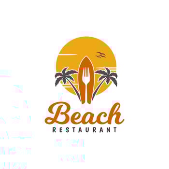 Surf Board, Fork , And Palm for Beach Restaurant Logo, Resort logo design vector