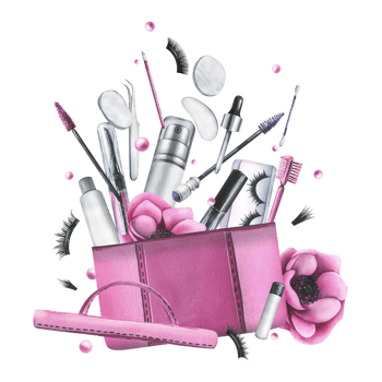 Pink cosmetic bag with anemone flowers and various decorative and skin care cosmetics. Watercolor illustration, hand drawn. Isolated composition png