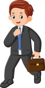 a young father excitedly goes to work wearing a black suit and carrying a briefcase vector