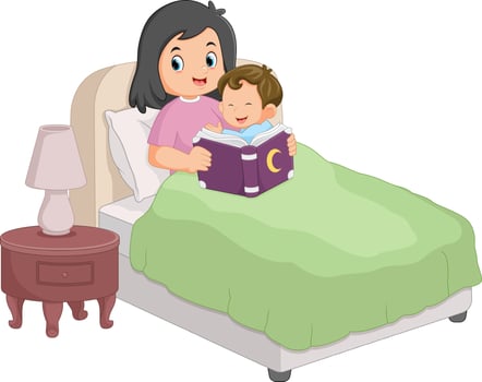a mother is reading a story book to her son as a bedtime bed vector