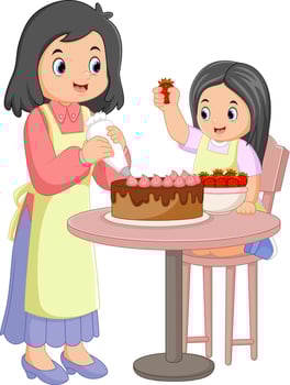 mother and daughter baking together cakes in the kitchen vector