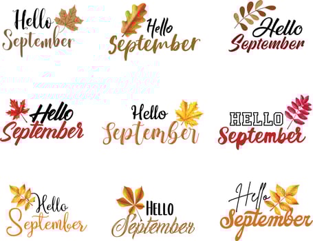 Hello September beautiful typography art with fall leaves, vector