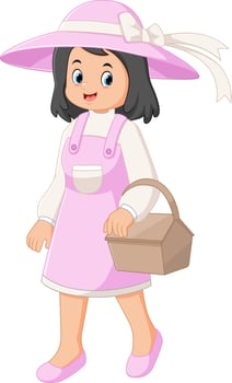 Smiling woman in straw hat holding basket with bread vector