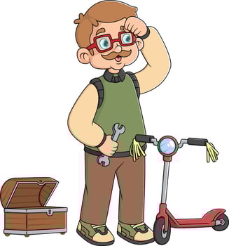 a grandfather is repairing his grandson's small bicycle vector