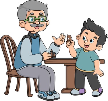 a grandfather teaches his grandson to play strategic chess vector